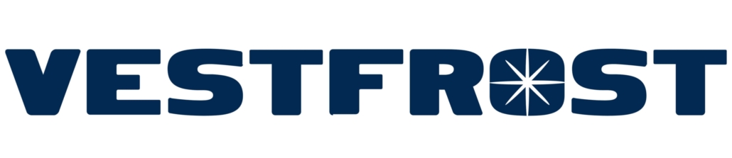 Vestfrost logo in dark blue with a starburst cutout inside the O.