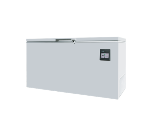 White chest freezer with a top-opening lid and a small digital display on the front-right side.