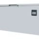 White chest freezer with a top-opening lid and a small digital display on the front-right side.