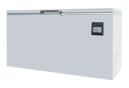 White chest freezer with a top-opening lid and a small digital display on the front-right side.
